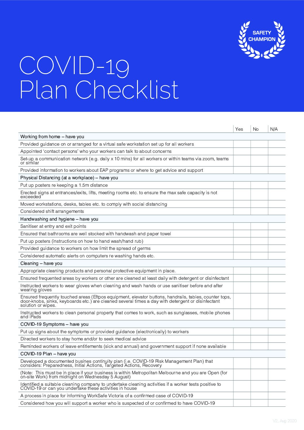 Sc Covid19 Checklist Aug2020f Safety Champion